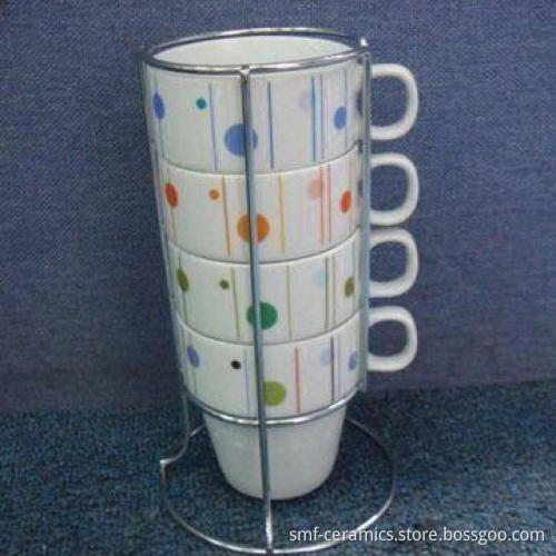 9oz Two Segment Porcelain Mug with Four Different Designs and Iran Stand Packing